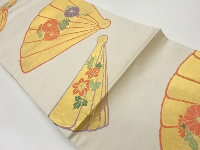JAPANESE KIMONO / VINTAGE NAGOYA OBI / WOVEN KIKU & FOLDING FAN PATTERN